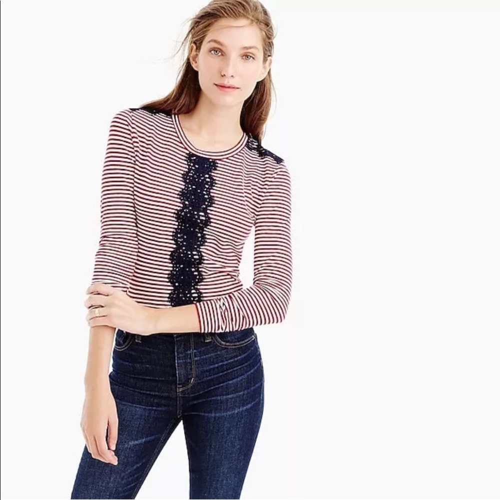 SOLD|J. Crew Red White Striped Blue Lace T-Shirt - Picture 1 of 6